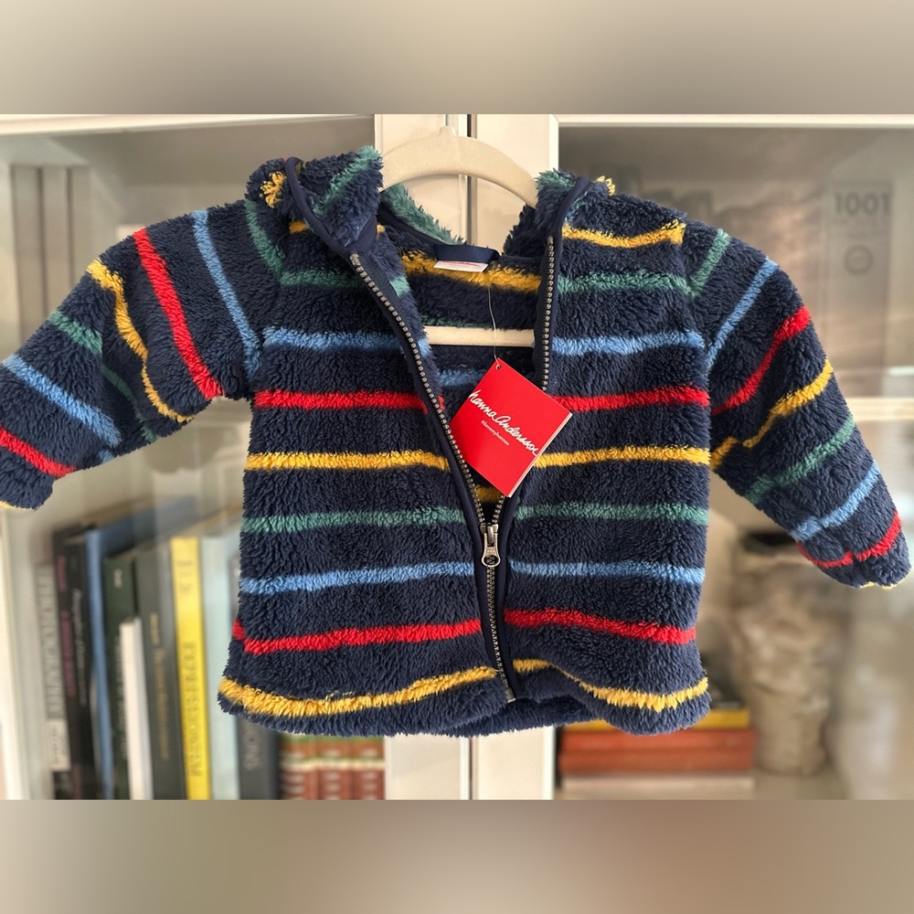 Hanna Andersson Navy Fuzzy Hoodie with Red, Yellow, Green & Light Blue Stripes